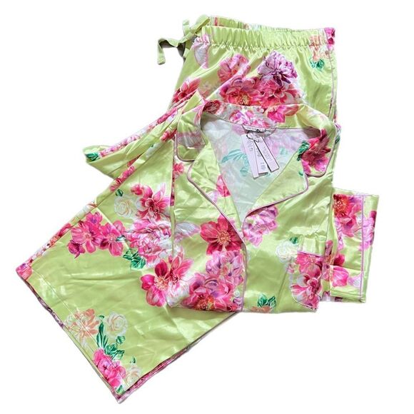 Victorias Secret Floral SATIN button down top & bottoms pant pajama Set Yellow - Picture 2 of 4